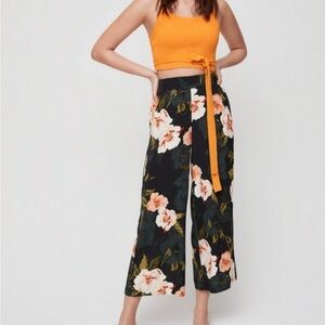 Aritzia Wilfred Floral Faun Wide Leg Ankle Crepe Pants Belted, Sz XS